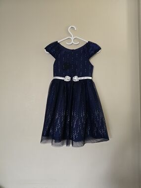 Girls Navy Blue Sparkle Tulle Dress Silver Bow Special Occasion Size 7